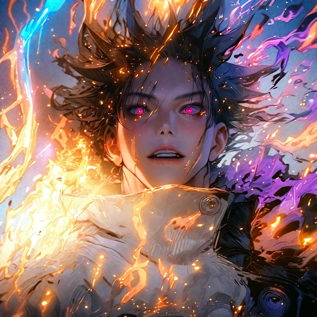 High quality, ultra realistic,absurdres, highres, ultra detailed, HDR, masterpiece, extremely detailed face and eyes,  Gojo satoru , jujutsu kaisen,, white hair ,black shirt , solo, ,man, handsome, ,white eyeleshes , Epic fight scene, purple splashing effect,purple lightning  effect,glowing glitters , 