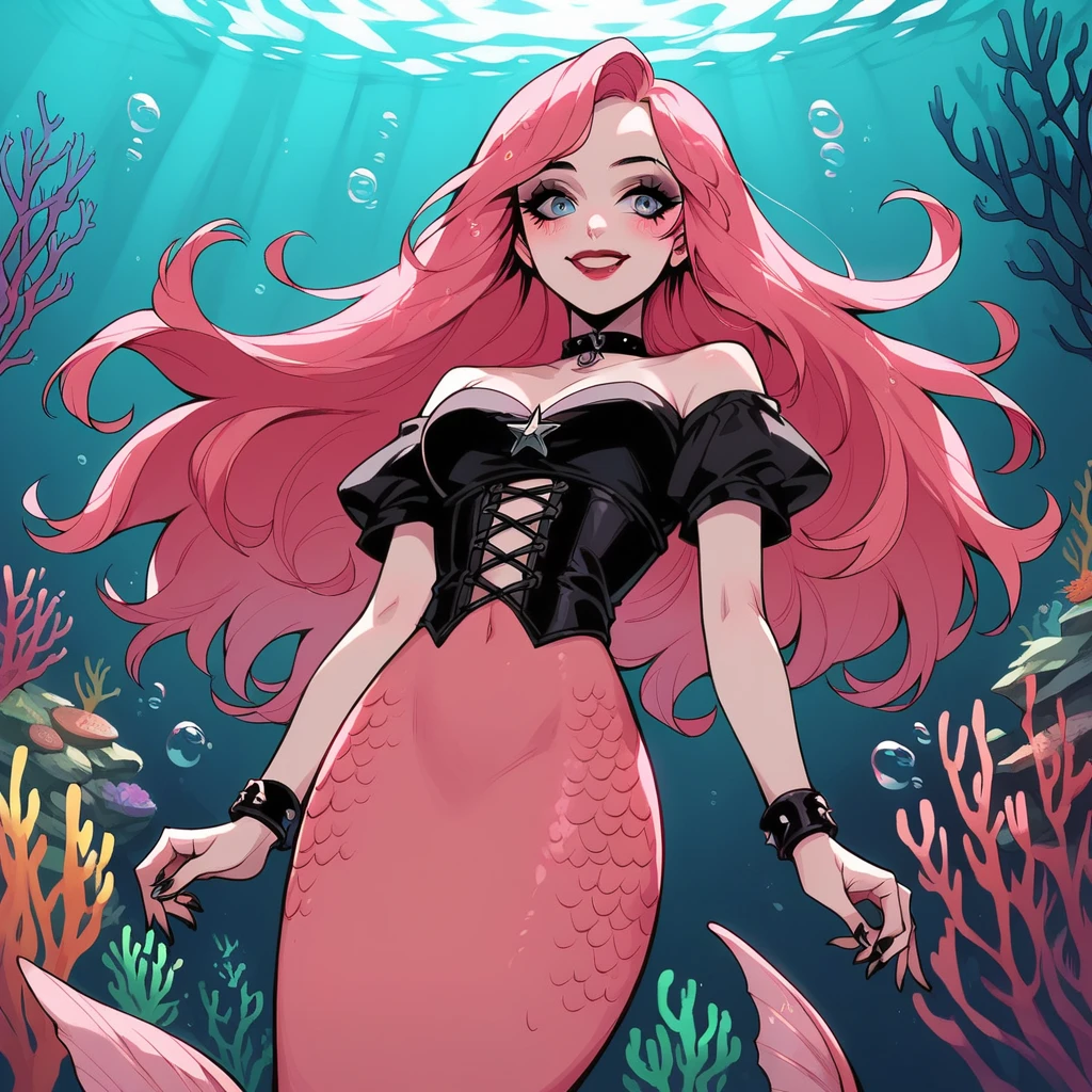 score_9, score_8_up, score_7_up, score_6_up, 1girl, long hair,  g4n1m3, goth, red lipstick, pink mermaid, pink mermaid tail, scales pink mermaid tail below waistline, smile, blush, shy, underwater, bubble airs, seaweed, coral, fish, starfish on coral, 