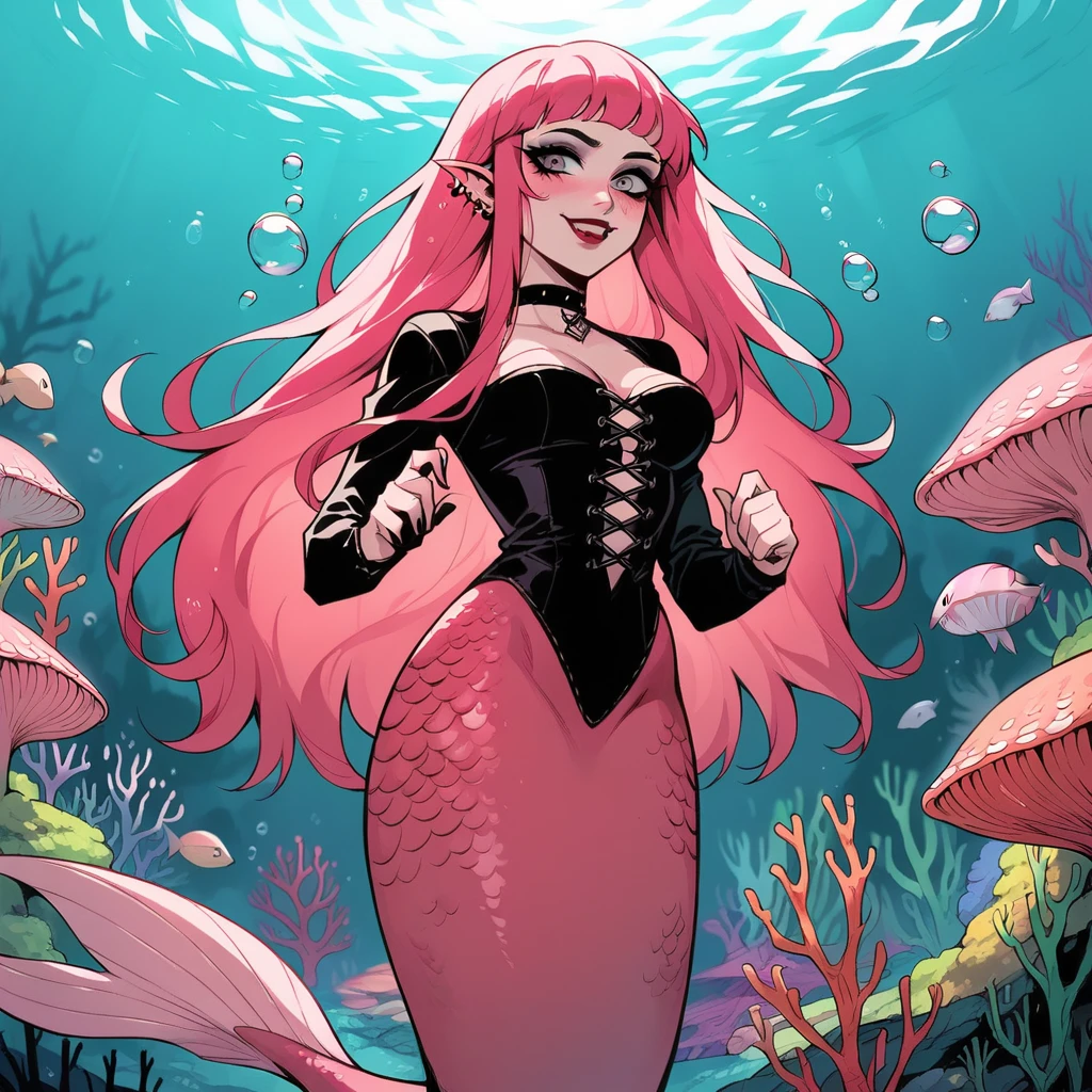 score_9, score_8_up, score_7_up, score_6_up, 1girl, long hair,  g4n1m3, goth, red lipstick, pink mermaid, pink mermaid tail, scales pink mermaid tail below waistline, smile, blush, shy, underwater, bubble airs, seaweed, coral, fish, starfish on coral, 