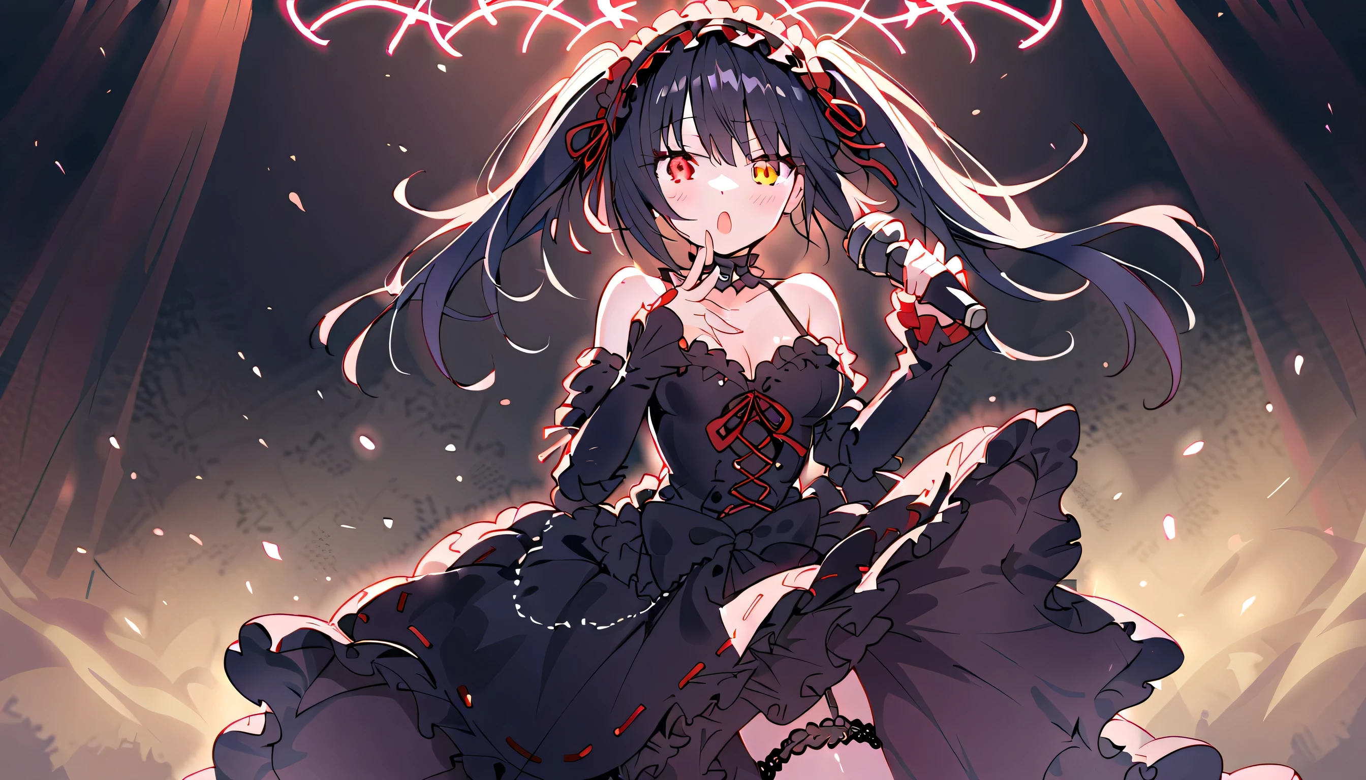 score_9, score_8_up, score_7_up, shiny skin, 1girl, tokisakikurumi, heterochromia, black hair, twintails, red eye, yellow eye, clock eyes, Stage with Dim Light and Fog Effect, Dress flowy, dress with bordir detail, hair band, gothic, choker, half body, oversize sweater, cowboy shot, gothic punk, open mouth, sing, microphone, hold microphone, ((half body, cowboy shot, half body shot))