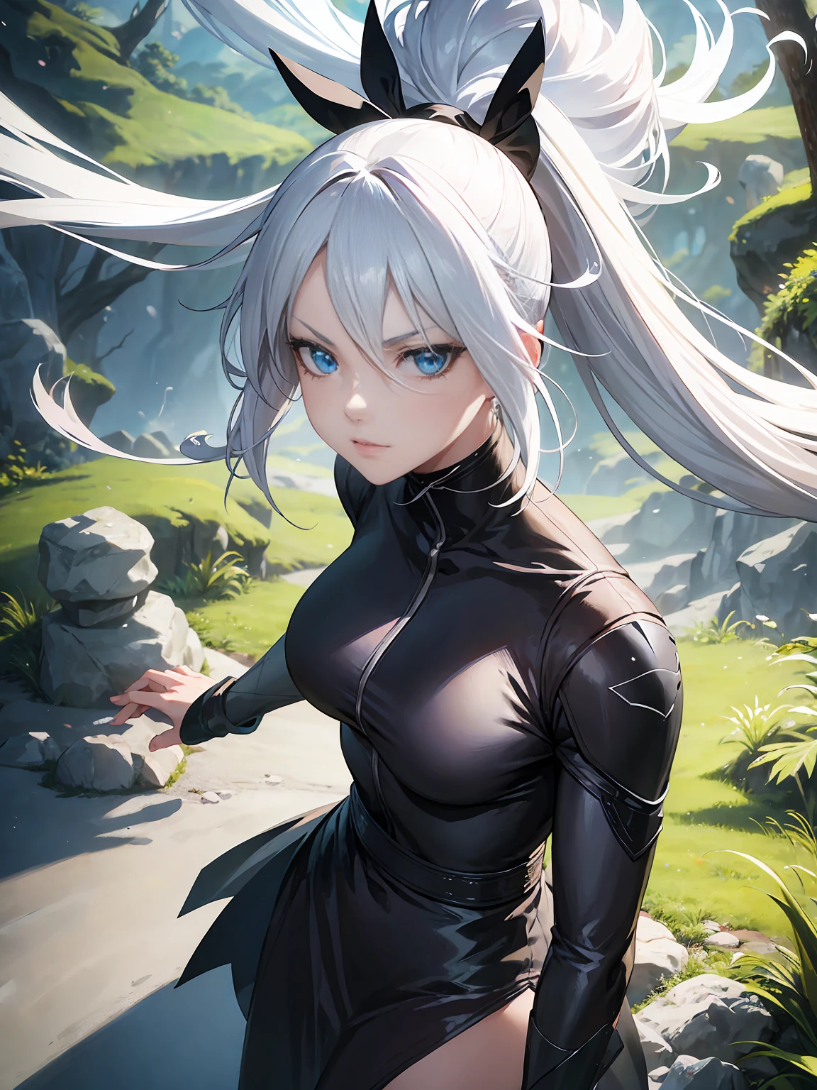 tall woman, Black blue kimono suit with a high collar that has an eye and swirl symbol, loose pants , blue eyes, White hair, long white eyelashes, turtle neck(( 12cm heels)) tall black, Curvy body, dark round cravings, Long hair, with braids, ((naginata weapon)) Japanese anime style drawing,  High details, quality, textured skin, from one side,from above, sitting on a grass
