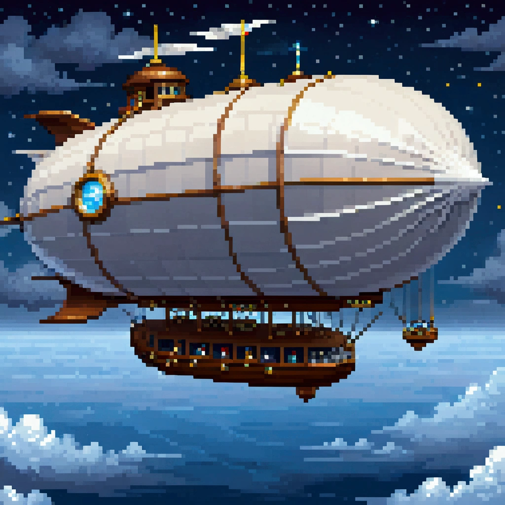 pixel art, 1 a white dirigible airship adventure , night, clouds, stars, surround sky
