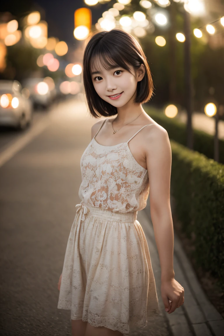 最high quality, table top, High resolution,24 years old wearing white camisole, 1 girl,very beautiful face,(Ultra-high definition image of an extremely beautiful face)(black camisole)hair ornaments,, gem diamond,realistic, New York night view、blur the background、,full body image,(high definition skin:1.2),Looking at camera with a smile,full body image 8K UHD, Digital single-lens reflex camera, in the soft and bright sunlight,high quality, volume lighting, Frank, photograph, High resolution,full body image,4K、Japanese college student、A sloppy smile、stand up straight、((((upper body photo)))),one person,short hair style、camisole