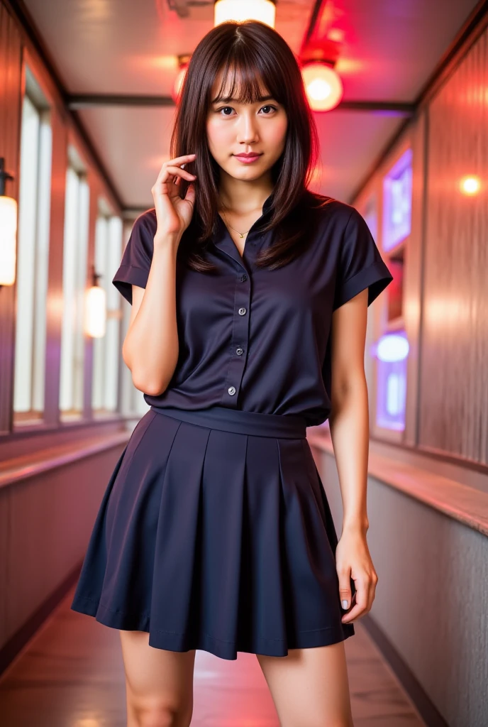  （real seamless black tights 1.3）Full body front. bright lights on the Ped.The loose blouse and pleated skirt are fun to jump in inseam length outfits、Depiction of the subject from below 
