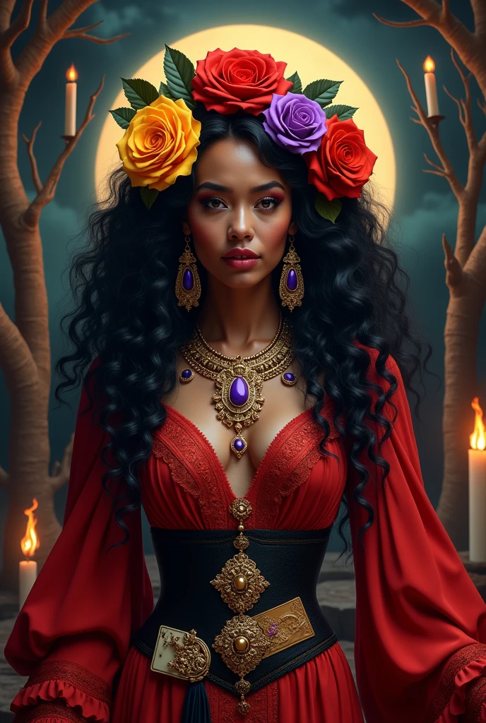 a girl from the waist up with dark skin with long wavy cherry-colored hair wearing a red outfit with black and gold details looking straight ahead with a dark enchanted forest background