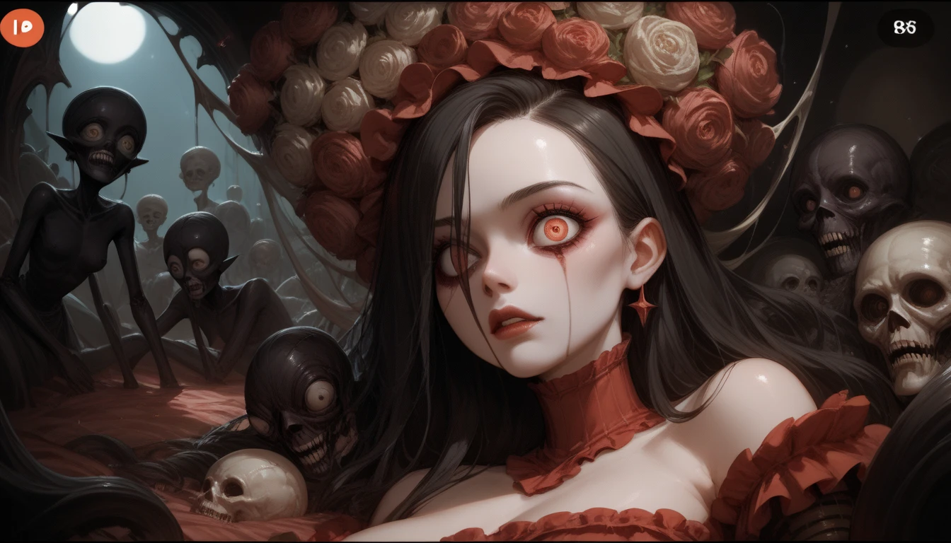 (masterpiece), (High resolution), (Very delicate), Dark atmosphere, Flat Illustration, Creepy Appearance, Characteristic hairstyle, creative accessories, Unique atmosphere、
Hell Girl、god々New Background