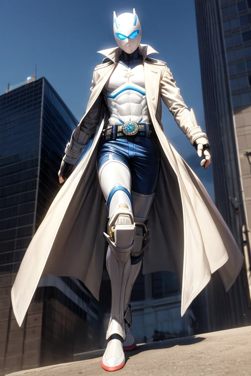 FULL BODY photorealistic white haired handsome hunky adult Jack Frost wearing a white and silver hero suit, flying around the City