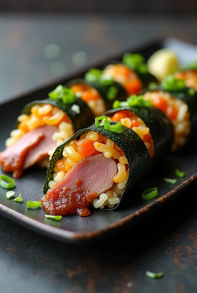 (best quality:1.0), (masterpiece:1.0), realistic, photorealistic, CG, wallpaper, HDR, high quality, high-definition, extremely detailed, excellent lighting, beautiful, cinematic, ((no humans)), (foodphoto), (sushi), (aura), <lora:foodphoto:1>, (close-up)