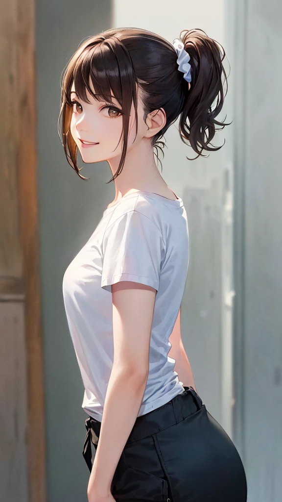 1 female, ONE PIECE STYLE, small kid dog girl, realistic lips oversized white t-shirt going all the way to the thighs, arms crossed propping up breast, hourglass figure, cat ears, in an apartment, sigh, light brown hair, purple eyes, laughing, best quality.