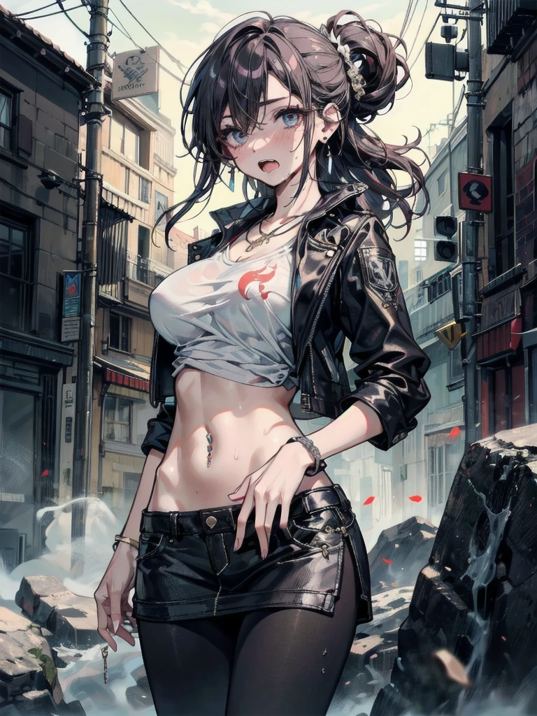 Hot girl, baddie, off shoulder, staring, glaring, shin raised up high, bad attitude, mean girl, dare, angry, hate, crazy, hot, slut, whore, smoking, sexy, cleavage, sensual, slutty, sultry, attractive, big breast, tattoo, e girl, big lips , blush, lipstick, outdoors, rooftop, cityscape, building, railing, night, night sky, scenery, , city lights, masterpiece, best quality, highly detailed, a girls with a gun, evil smile , open mouth, sexy gaze, badass pose , evil smile, smile, guns blazing, anime girl with long hair, beautiful long haired girl, navel, evil expression, exposed belly, exposed navel, exposed midriff, exposed lower belly, long black pants, crop top, cleavage, unbuttoned leather pants ,open fly, low rise black leather pants, leather jacket, holding a gun, navel piercing