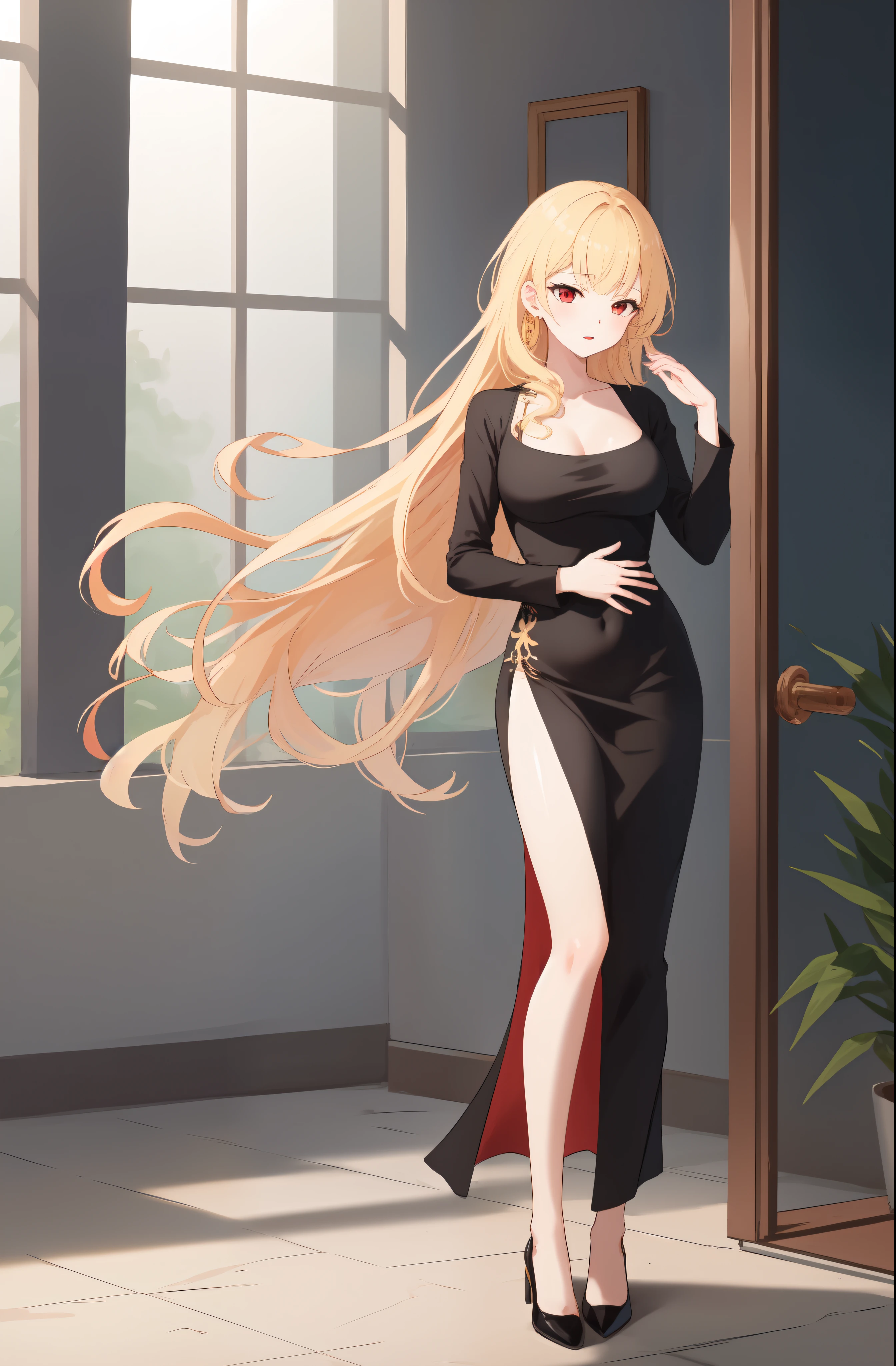 masterpiece, dress, black dress, Black dress, Black Dress, dongtan dress, Dongtan dress, Dongtan Dress, black dongtan dress, Black dongtan dress, Black Dongtan Dress, highres, Super detailed, very detailed, highest quality, best quality, super detailed, standing, high quality, high-definition, extremely detailed, mature female, full body drawing, Full body drawing, straight body, slender body, Slender body, Slender Body, (large breasts), (masterpiece), (best quality), (hyperdetail), (illustration), ((extremely delicate and beautiful)), (detailed light), (prefect's body), hanging hand over head, {{{{{long hair, Long hair, Blonde hair, blonde hair, blonde, Blonde, Red eye, red eye, Red Eye, binyeo, Binyeo}}}}}, sexy, sexy belly line
