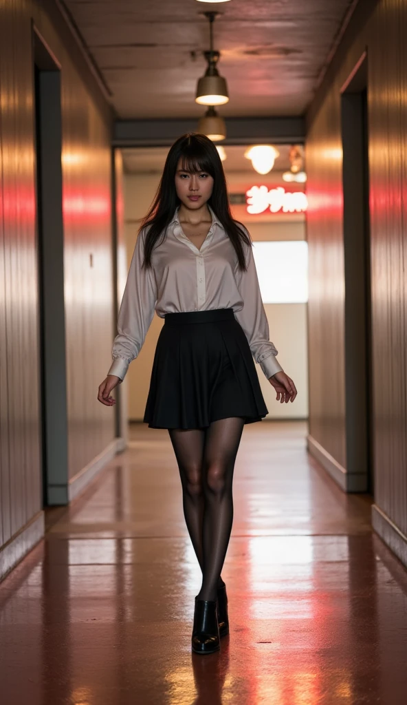  （real seamless black tights 1.3）Full body front. bright lights on the Ped.The loose blouse and pleated skirt are fun to jump in inseam length outfits、Depiction of the subject from below 
