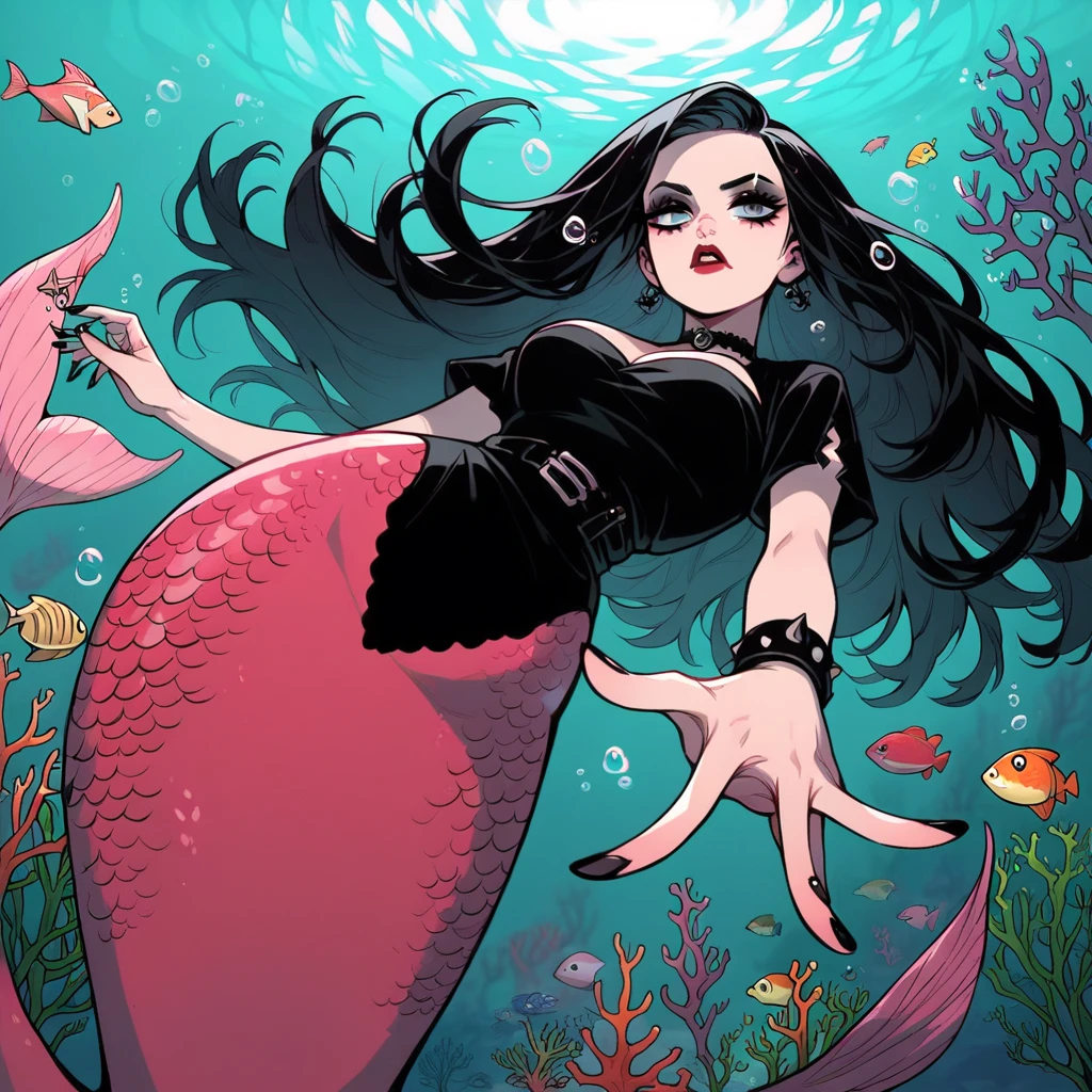 score_9, score_8_up, score_7_up, score_6_up, 1girl, black hair, long hair,  g4n1m3, goth, red lipstick, pink mermaid, pink mermaid tail, scales pink mermaid tail below waistline, underwater, bubble airs, seaweed, coral, fish, starfish on coral, 