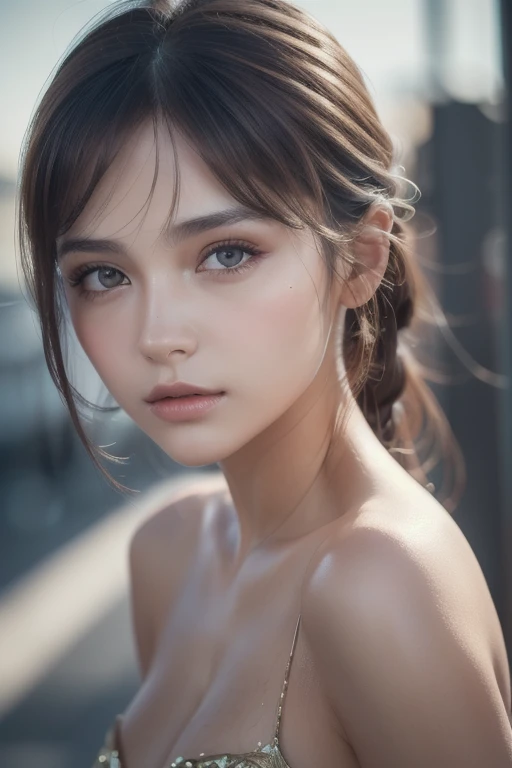 ((best quality)), ((masterpiece)), (detailed), 1girl, double bun hairstyle, allure,
bare shoulders, very close up, night, alley, off shoulder dress, backlighting,
beautiful face, green eyes, front view, looking forward at viewer, closed mouth,
blushing