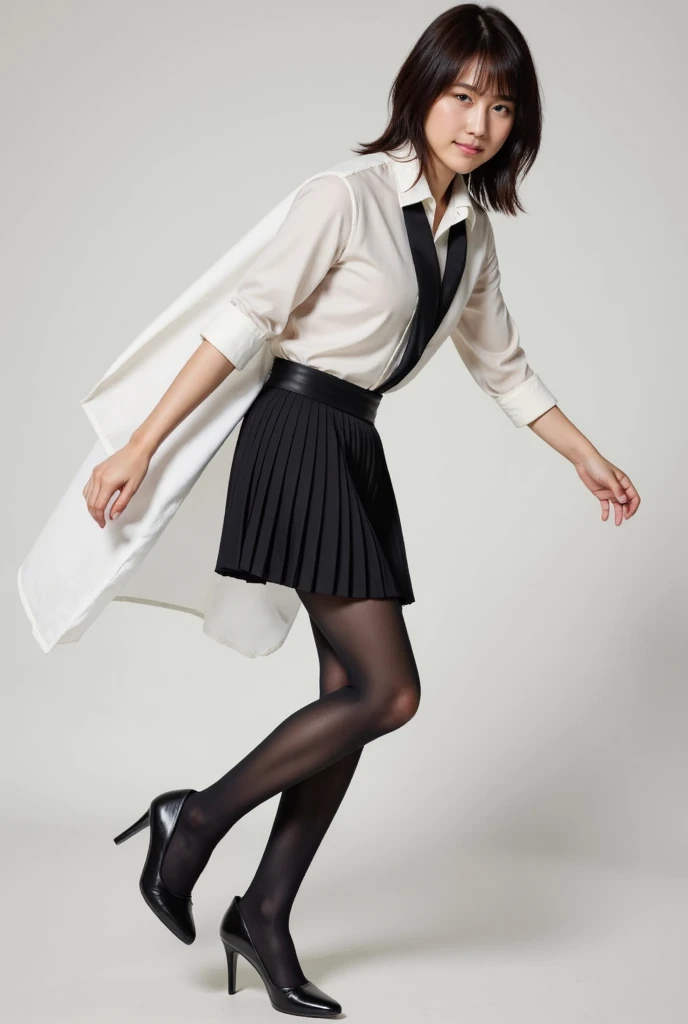  Full body front.（real seamless black tights 1.3）The loose blouse and pleated skirt are fun to jump in inseam length outfits、Depiction of the subject from below 
