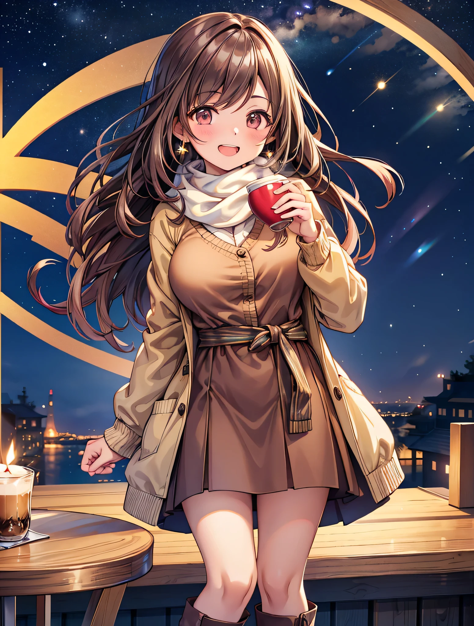 1 girl , Alone, high definition , , Big Breasts , looks at you, blush, smiles, long hair, bangs, brown eyes, high definition , masterpiece, accurate, anatomically correct, numerous awards, 最 High Quality , high detail, high definition model , High Quality , retina, very detailed, Ultra High Definition, Brown Hair, Heart Shaped Earrings , blush, show your teeth and laugh, cafe terrace seats background, yellow knitted sweater, Mini Skirt, boots, stockings, night, winter, Night Sky, starry sky , candlelight , christmas tree background, long boots , Cardigan, Wrap a scarf, Enjoyable conversation, standing, stockings, Brown long coat, Emphasize the upper body, heart balloon, Sit at a cafe, Terrace seats, Hot Coffee, ((( crosses legs))), (( punch)), ( white underwear),