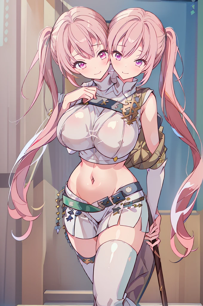 (masterpiece, best quality), best resolution, (3heads:2.0), 1girl, pink hair, twintails, smug, open belly, white crop top, white miniskirt, open breasts, huge breasts, (revealing cleric attire:1.5), holding a staff, (Twin tail hairstyle:1.5), 
