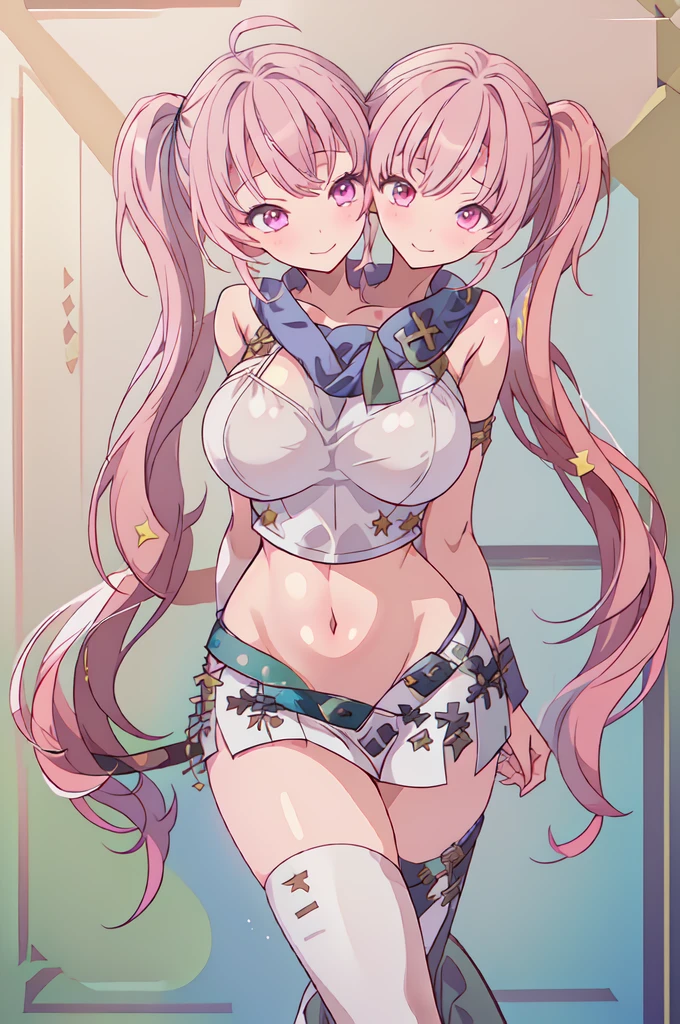 (masterpiece, best quality), best resolution, (3heads:2.0), 1girl, pink hair, twintails, smug, open belly, white crop top, white miniskirt, open breasts, huge breasts, (revealing cleric attire:1.5), holding a staff, (Twin tail hairstyle:1.5), 
