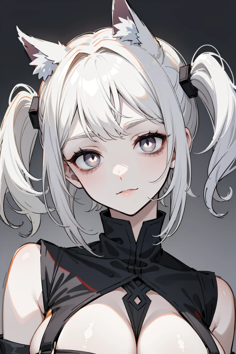 ((masterpiece,  top quality,  super high quality , Quan, sketch:1.1), 1 girl , half up pigtails,  young and short haired, Pure white hair, bob hair,  short bang, ((Pale grey eyes, White Eyes, White pupil)) ((White pupil)), (Colored eyelashes, White eyelashes:1.2),  neutral,  big smile , glamorous, adult woman, mature body,dynamic and sexy pose,cat ears, pale skin, large breasts, beautiful hands, beautiful fingers,( succubus)