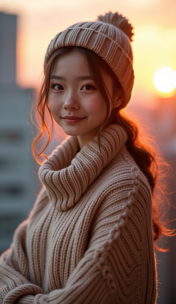 22 year old girl、 、White Breath、((Tokyo cityscape))(  sunrise)((knit coordination ))( sexy)
 best quality,  anatomically correct,  high detail,  very detailed,  textured skin ,  smiles, 