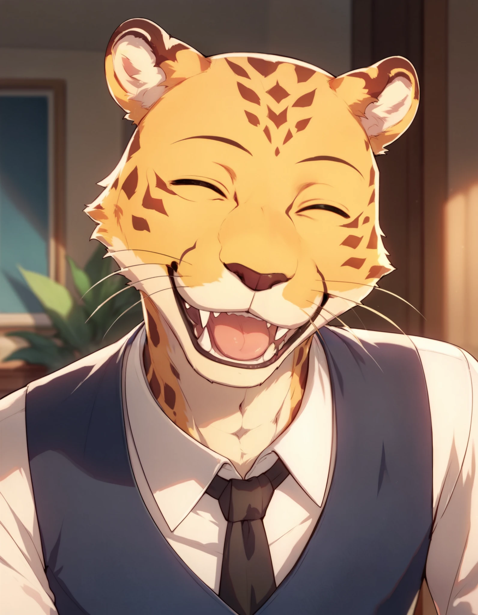 cheetah, male, 1boy, furry, eyes closed, fangs, happy, mouth slightly open, smile, tongue, hand wave, head tilt, portrait, stairwell, inside, long black tie, white shirt, blue vest, solo