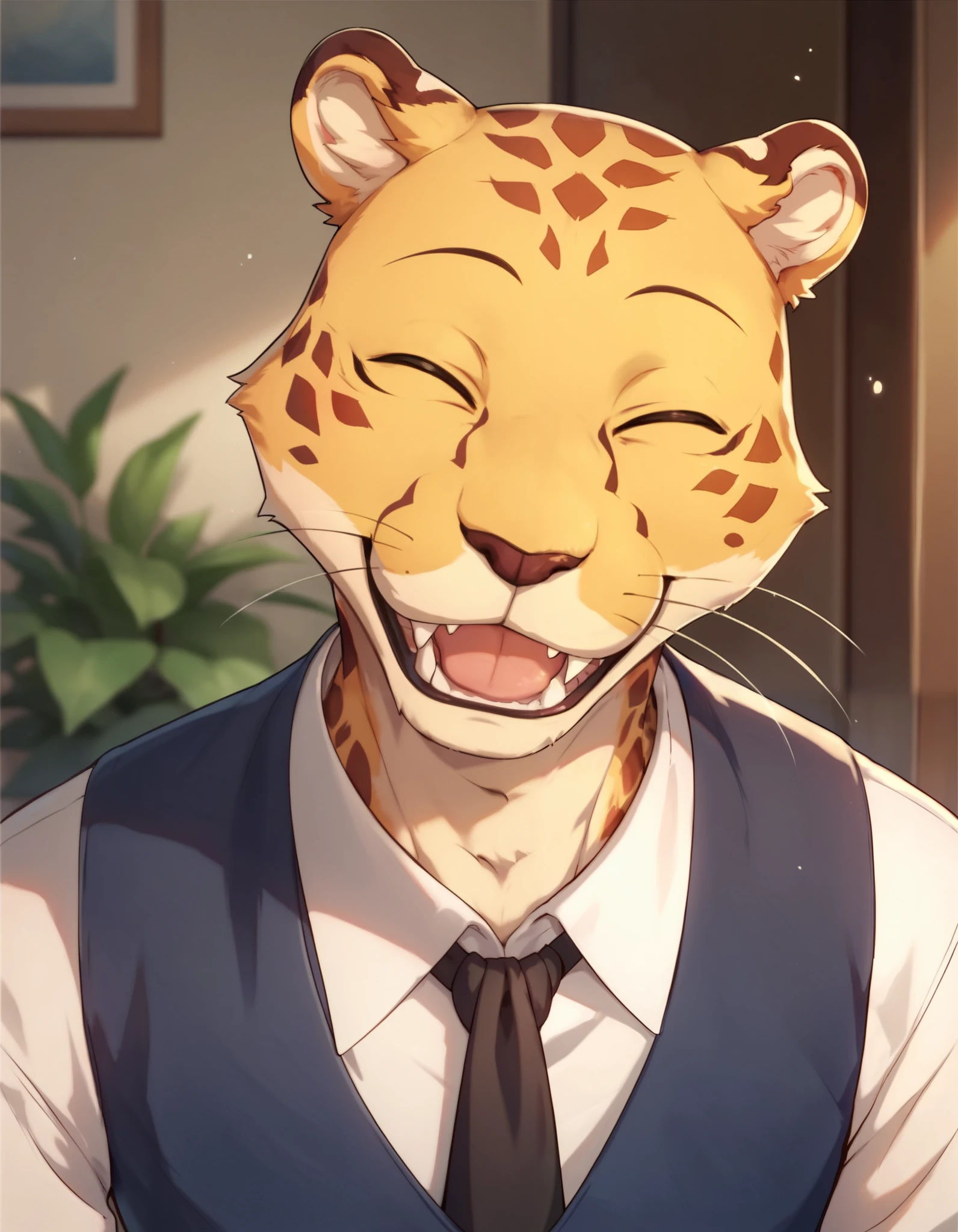 cheetah, male, 1boy, furry, eyes closed, fangs, happy, mouth slightly open, smile, tongue, hand wave, head tilt, portrait, stairwell, inside, long black tie, white shirt, blue vest, solo