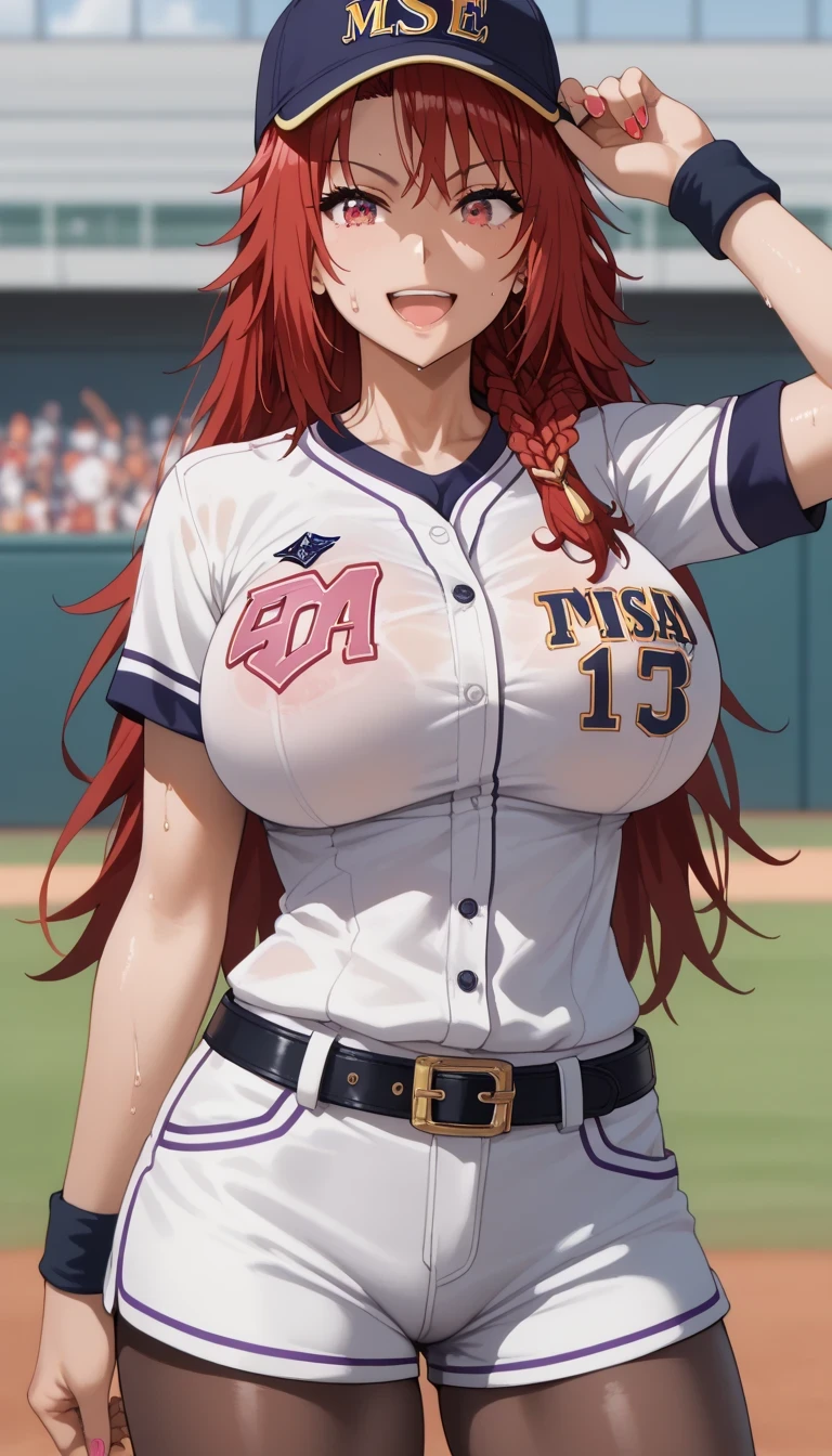 Source anime, Tall girl, Fit girl, score_9, score_8_up, score_7_up,masterpiece,best quality, iris midgar, long hair, red eyes, braid, red hair,huge breast , flash gyaru, 1girl, baseball_uniform, hat, sportswear, shorts, breasts, belt, baseball_cap, large_breasts, open_mouth, sweat, pantyhose, solo_focus, thighs, clothes_writing, smile
