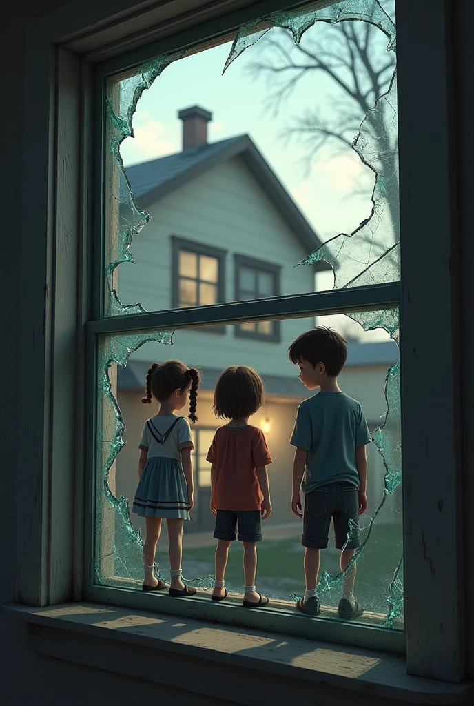 night，A little boy and two older brothers，Inside a dilapidated old house，Supernatural atmosphere，