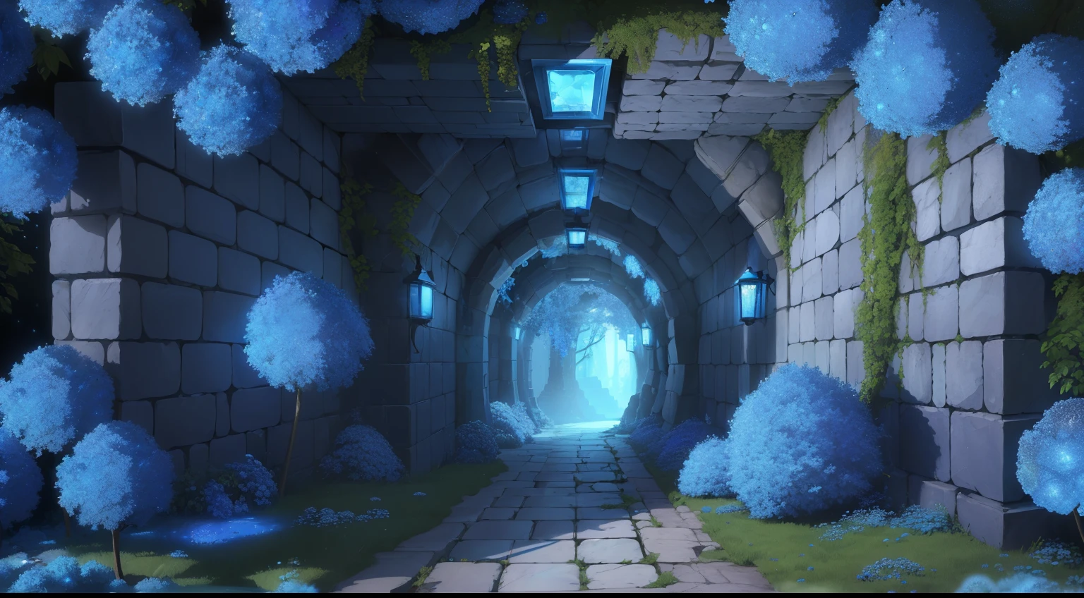 High quality, 4k, best quality, ((Blue Forest))) Cyan Weald, magic forest, particles, (((sapphire))), blue leaves, flowers, varied terrain, medium sized map, forest, dungeon entrance, grey stone bricks, broken pillars, 