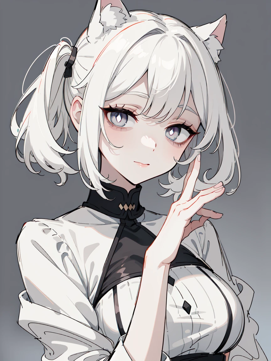 ((masterpiece,  top quality,  super high quality , Quan, sketch:1.1), 1 girl , half up pigtails,  young and short haired, Pure white hair, bob hair,  short bang, ((Pale grey eyes, White Eyes, White pupil)) ((White pupil)), (Colored eyelashes, White eyelashes:1.2),  neutral,  big smile , glamorous, adult woman, mature body,dynamic and sexy pose,cat ears, pale skin, large breasts, beautiful hands, beautiful fingers,( succubus)