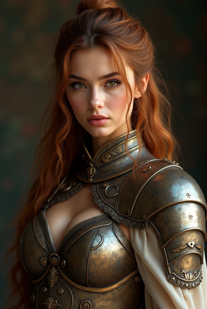 Jeune femme de 25 ans, visage fin, cheveux long, red hairs, yeux verts, tâches de rousseur sur tout le corps, HD, 8K, masterpiece, sourire romantique, sexy, metal lingery, celtic design chest armor, guerrière viking, celtic tattoo, at night, viking chest tattoo, aurore boreale, milky way, voile de soie transparente sur les seins