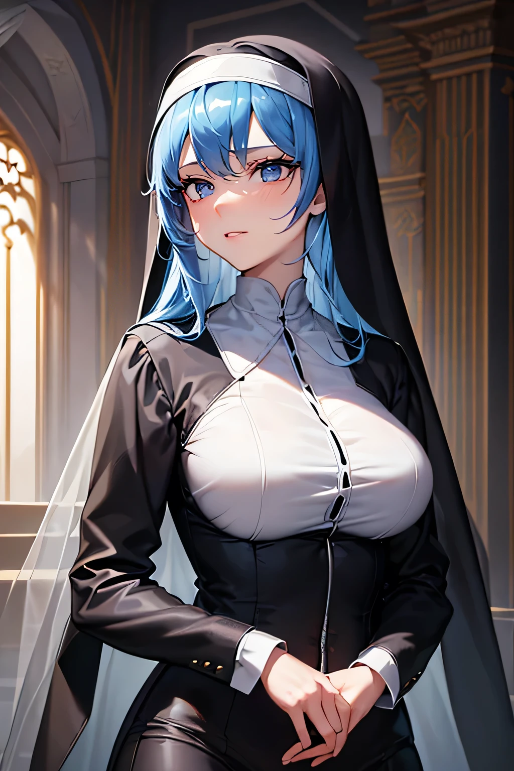 masterpiece, best quality, (extremely detailed CG unity 8k wallpaper), (best quality), (best illustration), (best shadow), absurdres, realistic lighting, High definition, Lady, solo, nun, loose outfit, prim, long veil, topaz blue eyes, perfect face, elegant, (topaz blue hair: 1.2), elegant pose, effect background, art by guweiz