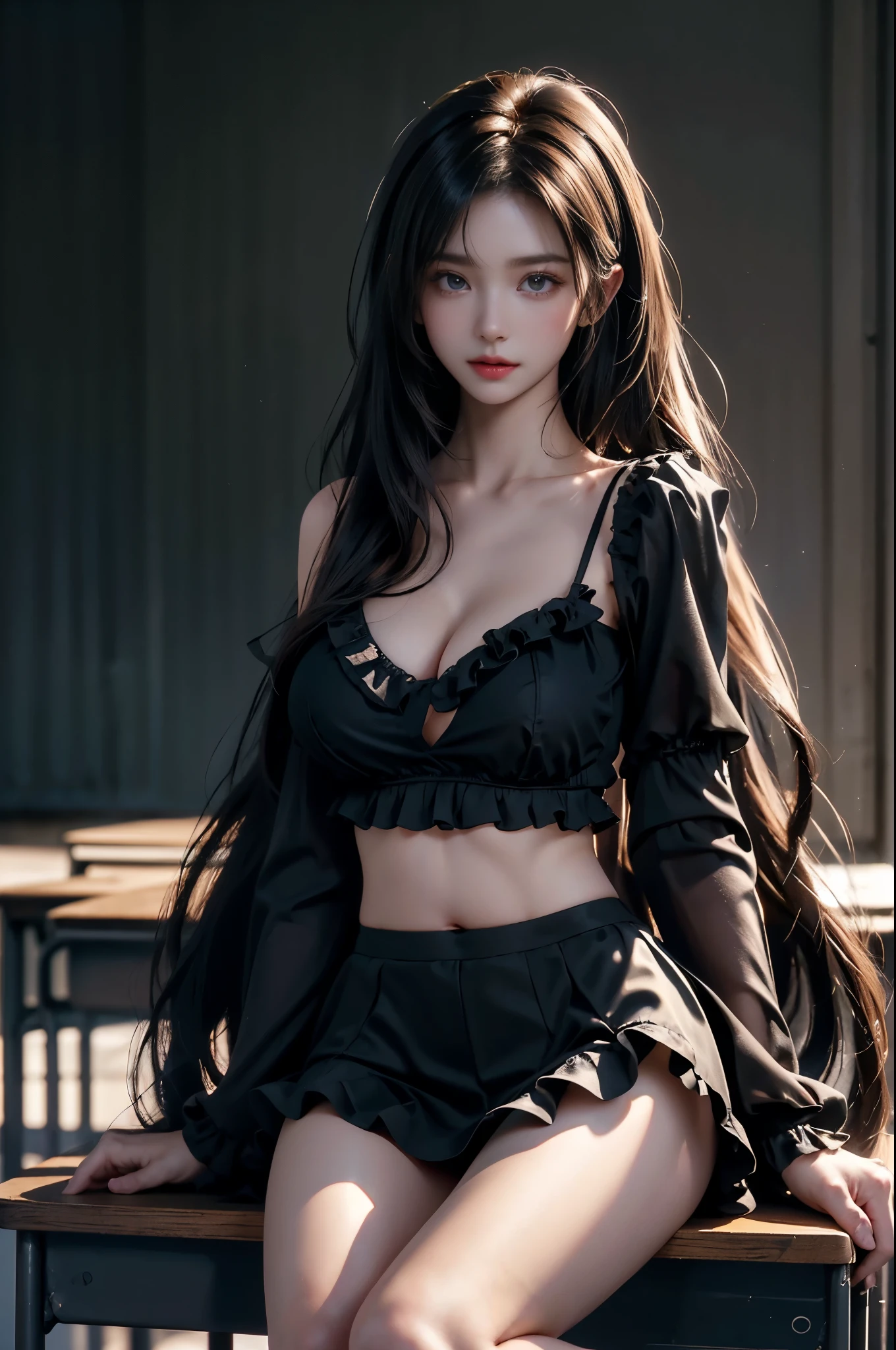 frilled shirt collar, long sleeves, frilled panties, shrug (clothing), crop top
black panties, black shirt, frills ((photorealistic)), ((masterpiece)), (ultra-detailed), (high quality), (At night, warm colors of light), beautiful young woman, (Full breasts, visible cleavage), (Very short hemline, revealing smooth thighs), (Correct and beautiful leg shape), perfect facial features, flawless skin, flowing long hair, slim figure, (sitting on the desk in the classroom:1.3), (Toes touch the ground:1.2),  (one hand elegantly running through her hair:1.2), soft natural lighting, shallow depth of field, cinematic lighting, professional photography, 85mm lens, F2.8, bokeh