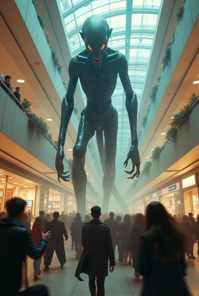 alien with 3 heads and a tail and 2 muscular legs with a very ugly critter face, an angry evil face, shopping in the shopping mall with many people around looking at him and taking pictures of him