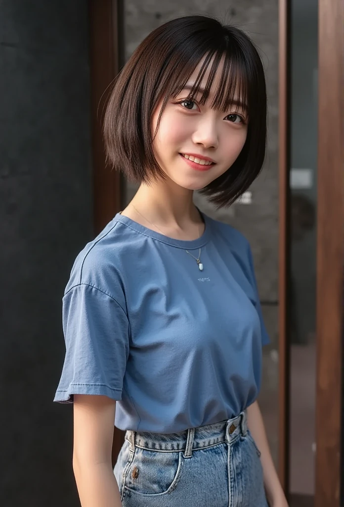 ((1 Female)),  ((( black hair short hair))), top-quality、​masterpiece、 high definition 、 original、High definition wallpaper 、jeans、  (smile)、 small face、(( rich breasts))、(blue t-shirt)、( Light on Face )、Live-action style,  beautiful face,  dark room,  full shot , full length