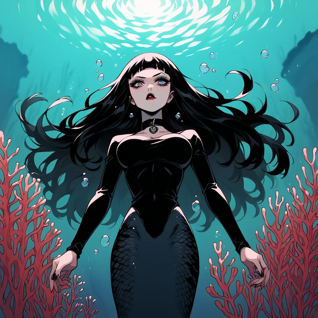 Hypno App POV, score_9, score_8_up, score_7_up, score_6_up, 1girl, black hair, long hair,  g4n1m3, goth, red lipstick, black mermaid, black mermaid tail, scales black mermaid tail below waistline, underwater, bubble airs, seaweed, coral, fish, starfish on coral, 