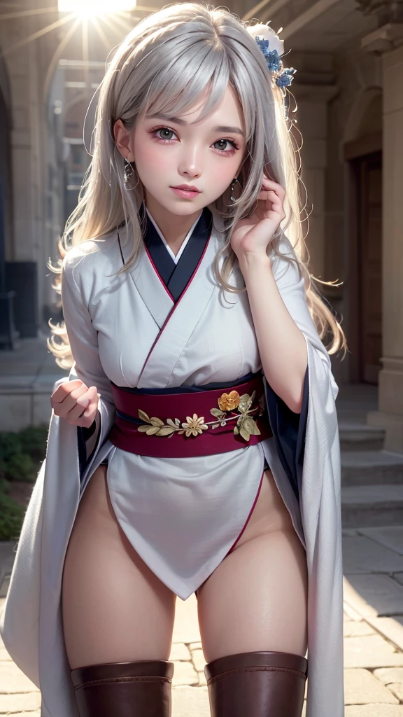 top-quality、masterpiece、超A high resolution、(Photorealsitic:1.4)、Raw foto、1 girl in、((white hair))、full body Esbian、large full breasts、Ultra exposed cleavage、erotick、Erotic look、gargantilha、二重まぶた、Loose and fluffy perm、semi long hair、Pleated skirt with slit、Staring at us with your whole body、Close up in black and white kimono, sōsaku hanga, hakama kimono, Anime Cosplay, Onmyoji, Komono,, high quality costume, intricate hakama, flowing magic robe, bath robe, japanese kimono、((Teenage Korean schoolgirl))、((Korean Female Idols))++、((human girl))、