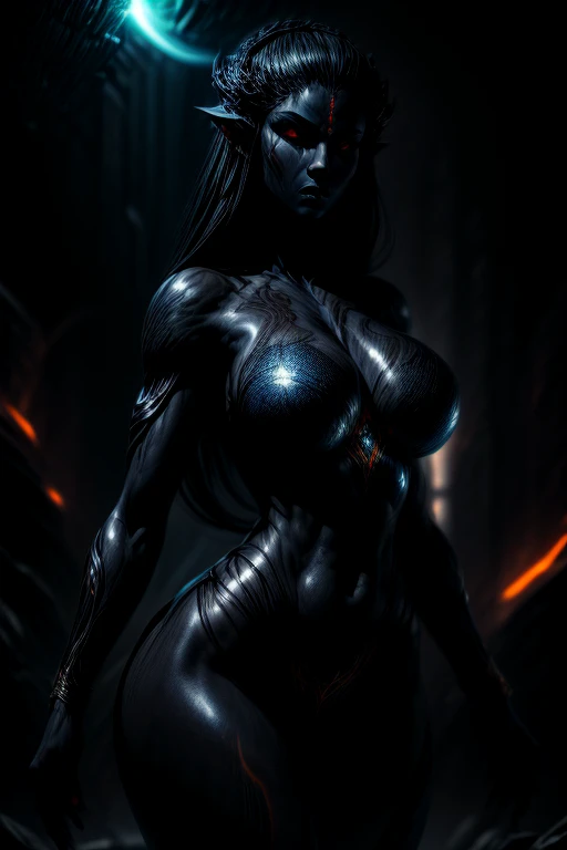 ((Skin black as night)), shiny marble texture, white veins, big, expressive eyes, bright white eyes, ((fantasy artwork)), from another planet, woman.