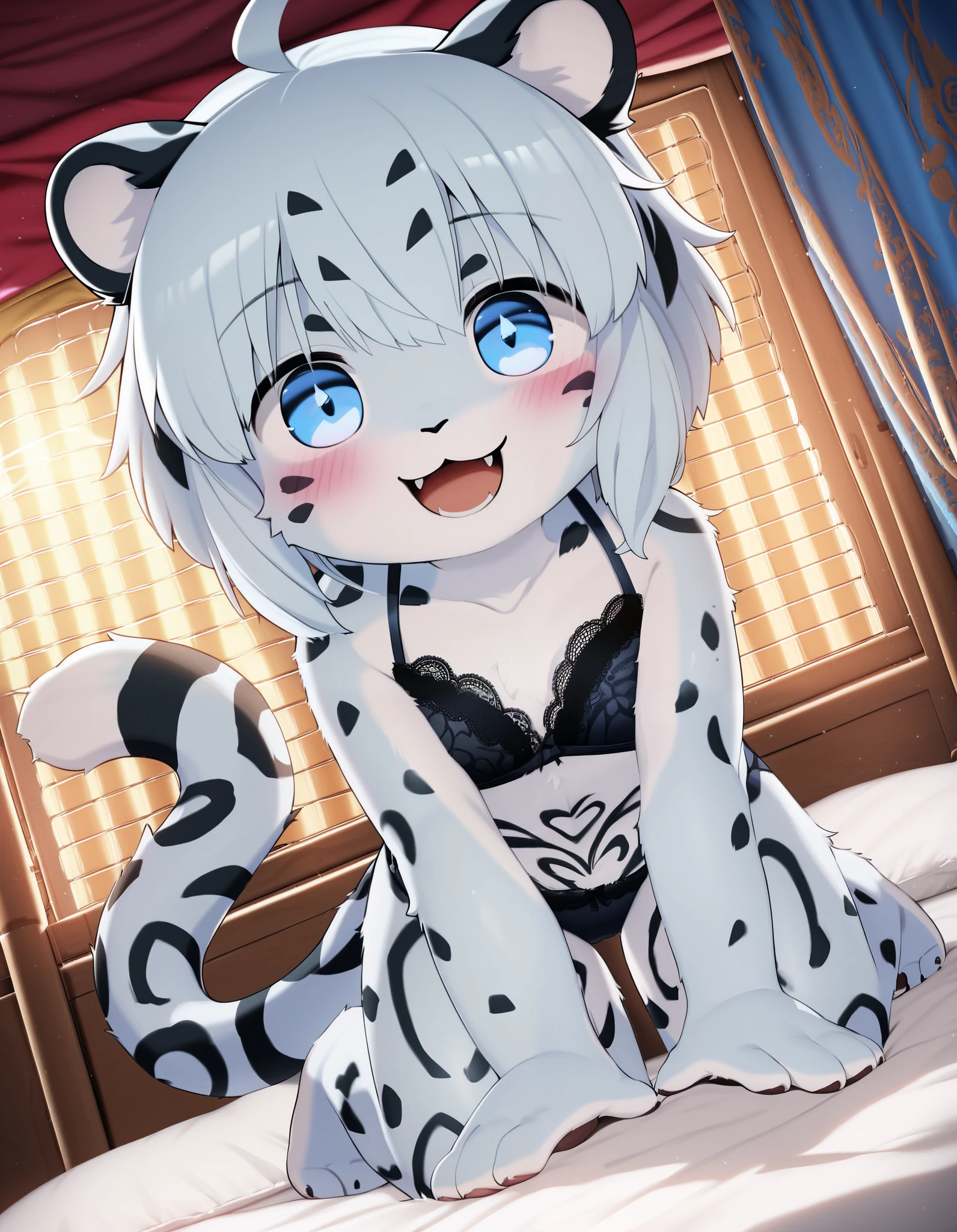 score_9, score_8_up, score_7_up, score_6_up, solo, 1girl, female, dagasi_style, cheetah white skin,, furry, kemono, anthro, cute face, young, white hair, blue eyes, fluffy body, body fur, short hair, ahoge, bangs, animal ears, tail, leopard ears, leopard tail, detailed eyes, brilliant eyes, 4 fingers, pawpads, perfect anatomy, detailed skin, detailed eyes, detailed lips, perfect hands, perfect face, happy, :D, wearing lace lingerie, BREAK seated on bed, bed, bedroom, blue room, looking at viewer, indoors, colorful, dutch angle, BREAK ((ultra-detailed)), ((best quality)), ((best quality)), ((beautiful eyes)), ((extremely detailed)), 4K, (8K), best quality, (beautiful), Master piece, highres, colorful, best quality, official art, highres, masterpiece, nai3, god light, detailed background, high quality background,AddXL