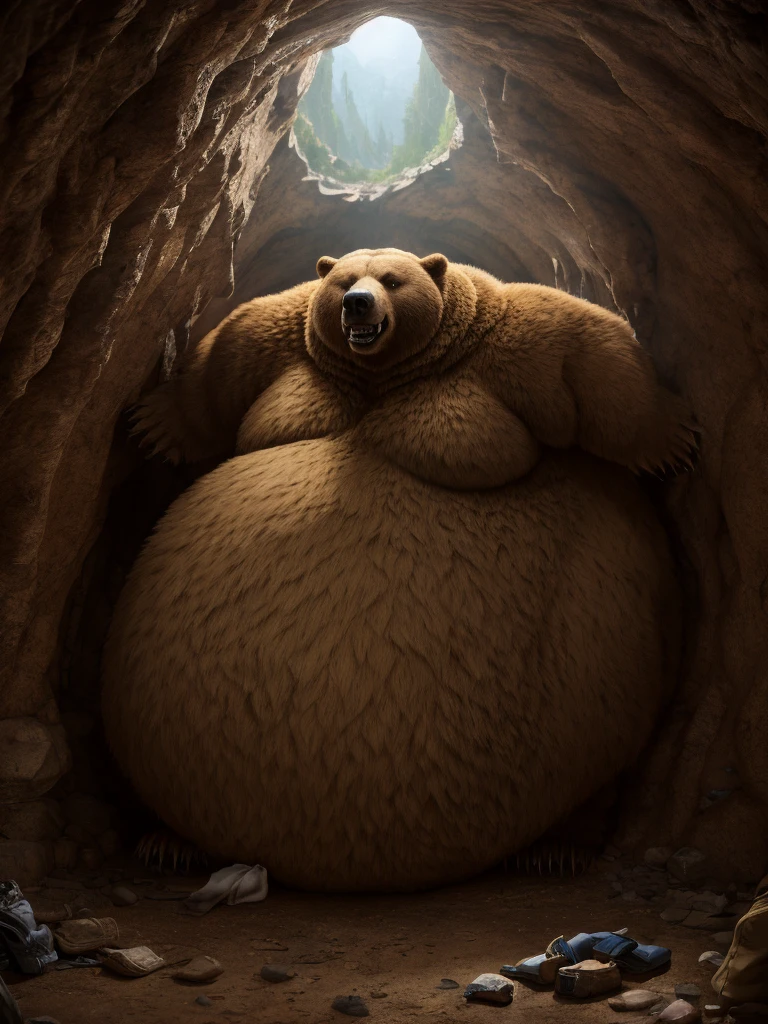 Very Extremely Morbidly-Obese Grizzly Bear with Very very very Extremely Massive Overhang Belly, wears Boots, gets stuck inside cave.  