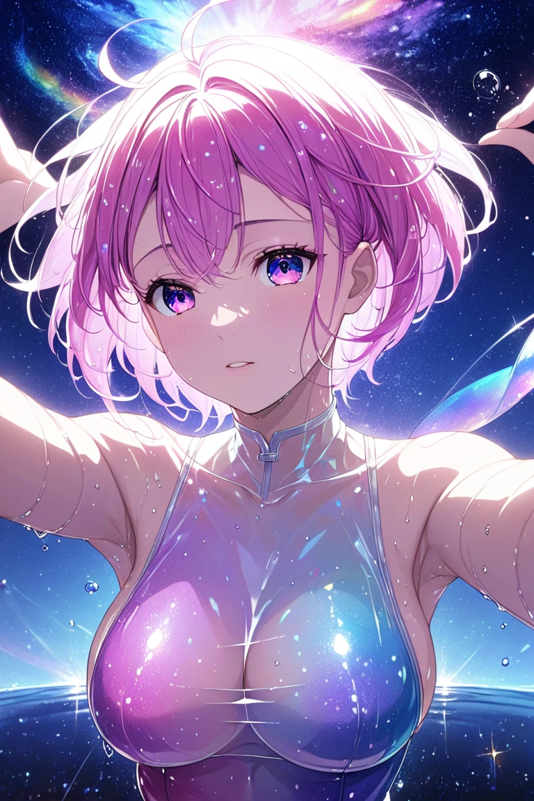 {{ Masterpiece }}, best picture quality, high definition CG Unity 8K wallpaper, cinematic lighting, lens flare, beautiful detail, after rain, starry sky, specular reflection in puddle on ground, moon rainbow, particle, (White:1.5), Aira Shirotori, beautiful woman, (left up bangs asymmetrical short hair), asshole hair, pink hair, pink eyes, colorful transparent leotard, big tits, acrobatic pose, slick hair, cowboy shot, close-up of person