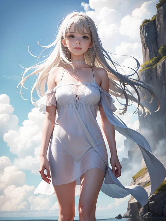 Best quality,Floral hair ornament, indian girl, indian model, smiley face, smile on face, indian goddess, big , cleavage, light blue eyes,Hair fluttering in the wind,smile,large tits,Open chest, white dress, white miniskirt,beauty legs, Uyuni Salt Flat, BoliviaBackground, Bolivia,a large body of water with a sky in the background, at salar de uyuni, pink reflections, light white clouds, white clouds, dramatic white clouds, at the salar de uyuni, white storm clouds, clouds in the sky, prismatic cumulus clouds, stunning light reflections, award winning landscape photo, white cloudy background, white landscape
