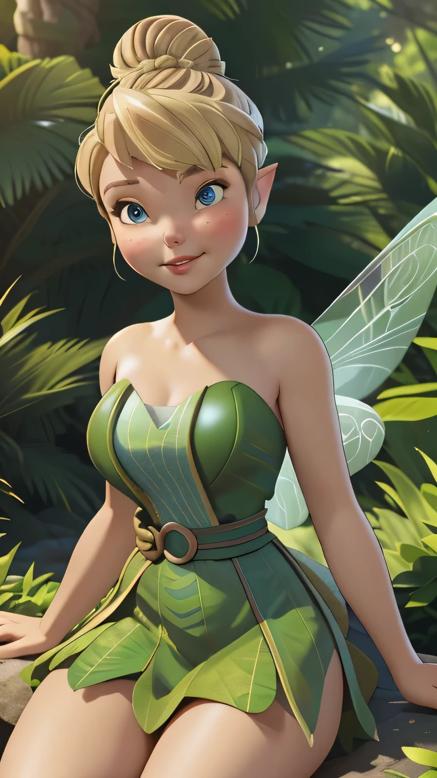 1girl in, ***18, Tinkerbell Waifu, photo of perfect woman, miniature ferry, Solo, (miniature girl and a huge world: 1.2), Aesthetic artwork, (single bun, short hair, Short blonde hair in the bun:1.25), (some small freckles, pale skin, large breasts, DD-cup, runners body, very thin waist, skinny, petite, detailed skin texture), (sitting, outdoors, sitting on rock, grass, content expression half smile, Half-Lidded eyes, glossy lips, focus on breasts:1.2), (fairy wings, big fairy wings, fairy ears), (wearing strapless green dress, Tinkerbell dress:1), (surrounded by giant plants, tiny girl in a huge world, detailed outdoor forest background:1.3), (extremely detailed 8k wallpaper), soft lighting, high quality, film grain, Fujifilm XT3 sharp focus, f 5.6, 50mm, High Detail, Sharp focus,(natural light), crazy details, complex details, hyper detailed. (cowboy photo:1.2), light particles, sfw