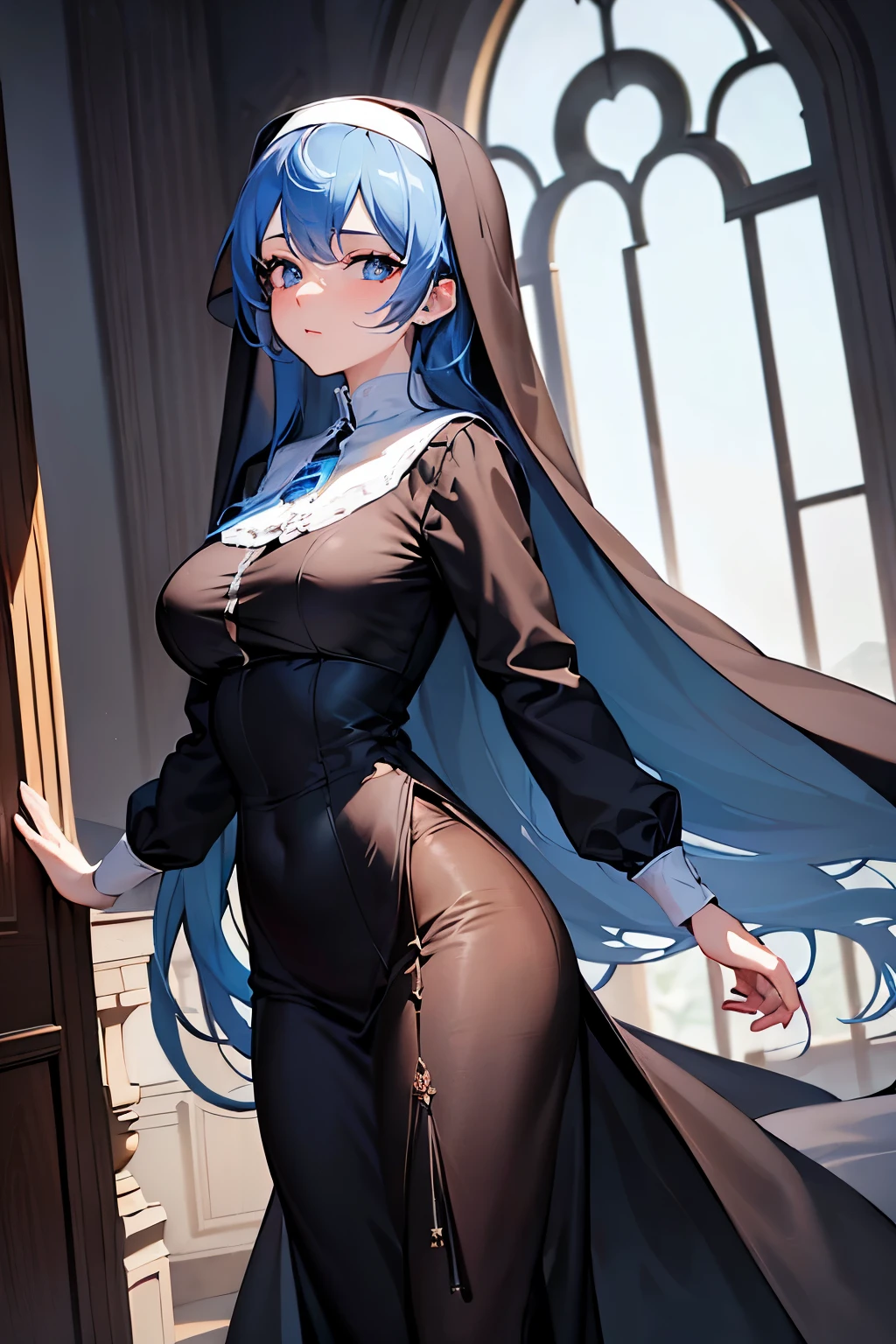 masterpiece, best quality, (extremely detailed CG unity 8k wallpaper), (best quality), (best illustration), (best shadow), absurdres, realistic lighting, High definition, Lady, solo, nun, loose outfit, prim, long veil, topaz blue eyes, perfect face, elegant, (topaz blue hair: 1.2), elegant pose, effect background, art by guweiz