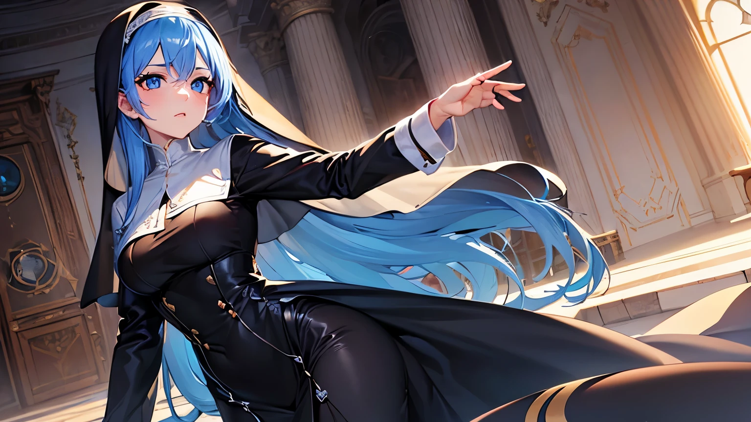 masterpiece, best quality, (extremely detailed CG unity 8k wallpaper), (best quality), (best illustration), (best shadow), absurdres, realistic lighting, High definition, Lady, solo, nun, loose outfit, prim, long veil, topaz blue eyes, perfect face, elegant, (topaz blue hair: 1.2), elegant pose, effect background, art by guweiz