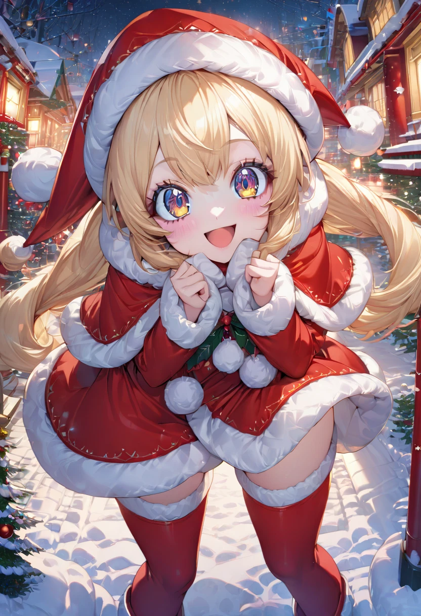 cute anime character girl, blonde long thick eyelashes, captivating big eyes, blonde hair, happy big smile, wearing Santa Claus Costume, red thigh-high boots, Christmas decorations, illuminations, snowy scenery, ultra detailed, absolutely resolution, masterpiece