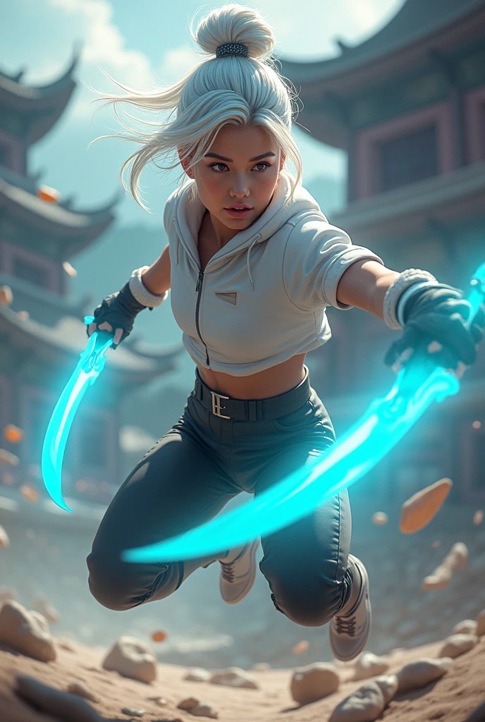 "."Jett is portrayed as a young, athletic Korean woman with sharp, angular facial features and a confident, determined look. Her skin has a warm, natural tone, and her dark brown almond-shaped eyes shine with intensity and focus. Her white, silvery hair is tied up in a stylish high bun, with shorter strands framing her face, giving her a modern and edgy appearance that perfectly complements her quick and agile nature.

She wears a sleek, navy blue combat outfit with form-fitting pants and a sleeveless hoodie, designed for maximum mobility. The outfit features cyan accents and faintly glowing energy lines, reflecting her wind-based abilities. Her gloves are fingerless, revealing hands poised for precision and dexterity.

In the chaotic Haven arena, Jett is mid-air, executing her ultimate ability, Blade Storm. She holds glowing cyan daggers in both hands, while several more float in a deadly orbit around her, ready to be unleashed with lethal precision. The wind whirls violently around her, lifting debris and creating a faint glowing trail that highlights her incredible speed and grace. Her expression is fierce and focused, showing unwavering determination as she targets an unseen enemy below. The daggers glimmer with an otherworldly light, emphasizing their lethality and the mastery with which she wields them. Behind her, the traditional-meets-modern architecture of the arena sets the stage for the high-stakes battle.". outdoor setting, dramatic lighting, photorealistic, highly detailed, cinematic, 8k, ultra-detailed, ultra-detailed, very realistic, life real.