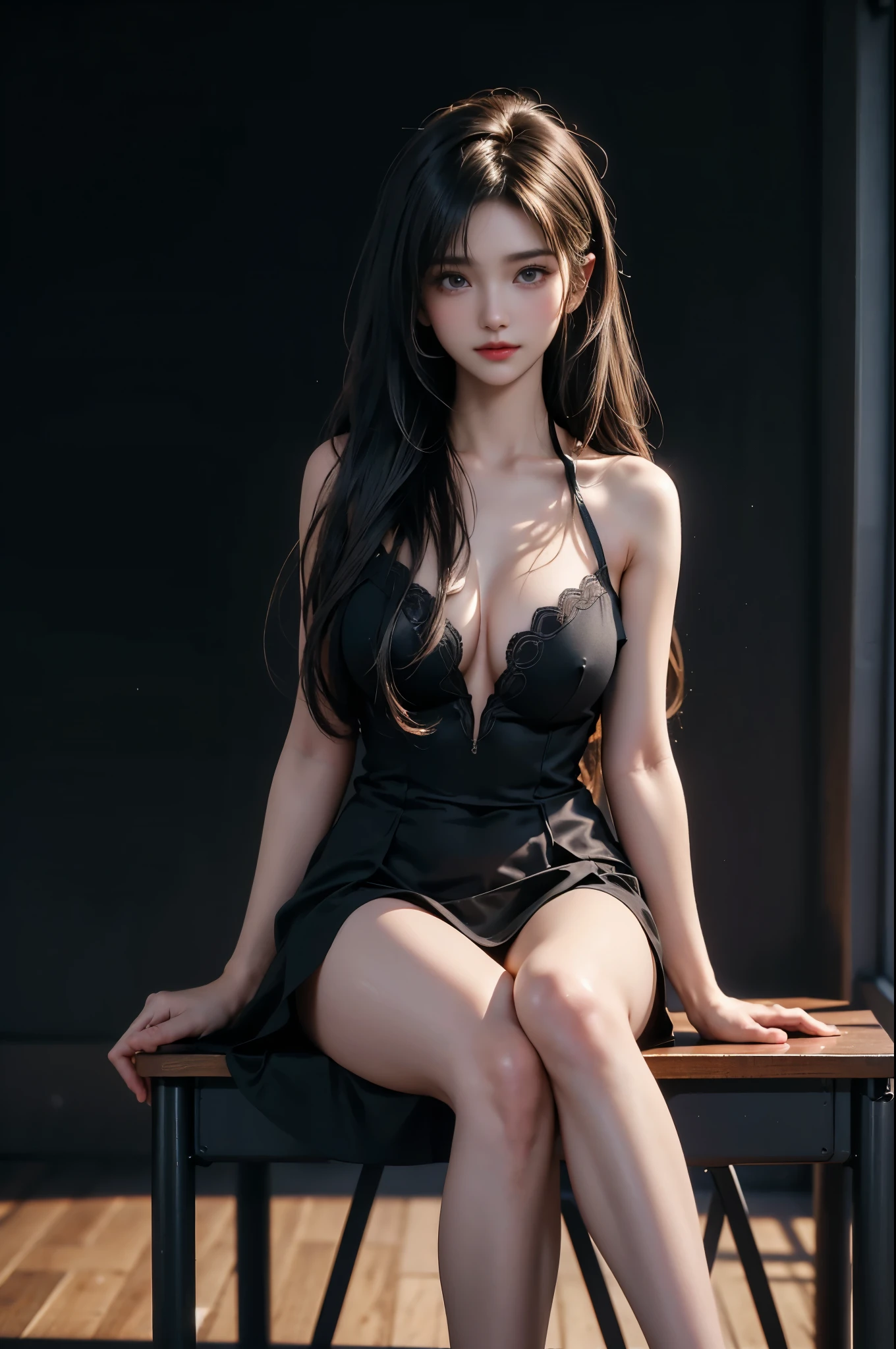 best quality, 1 beautiful woman, highest quality, masterpiece, colored hair, medium breasts, medium ass, ((aesthetic body)),((small stature)), ((dress )),(miniskirt)), ((black shirt with neckline,black bra, black skirt)), escooffice environment, ((sexy woman)) with sensual look, sharp colors and high detail, good anatomy, detailed face. The woman should be sitting at an office desk, legs open, looking at the viewer, her body should be looking at the viewer, attractive and seductive pose, white panties, defined legs