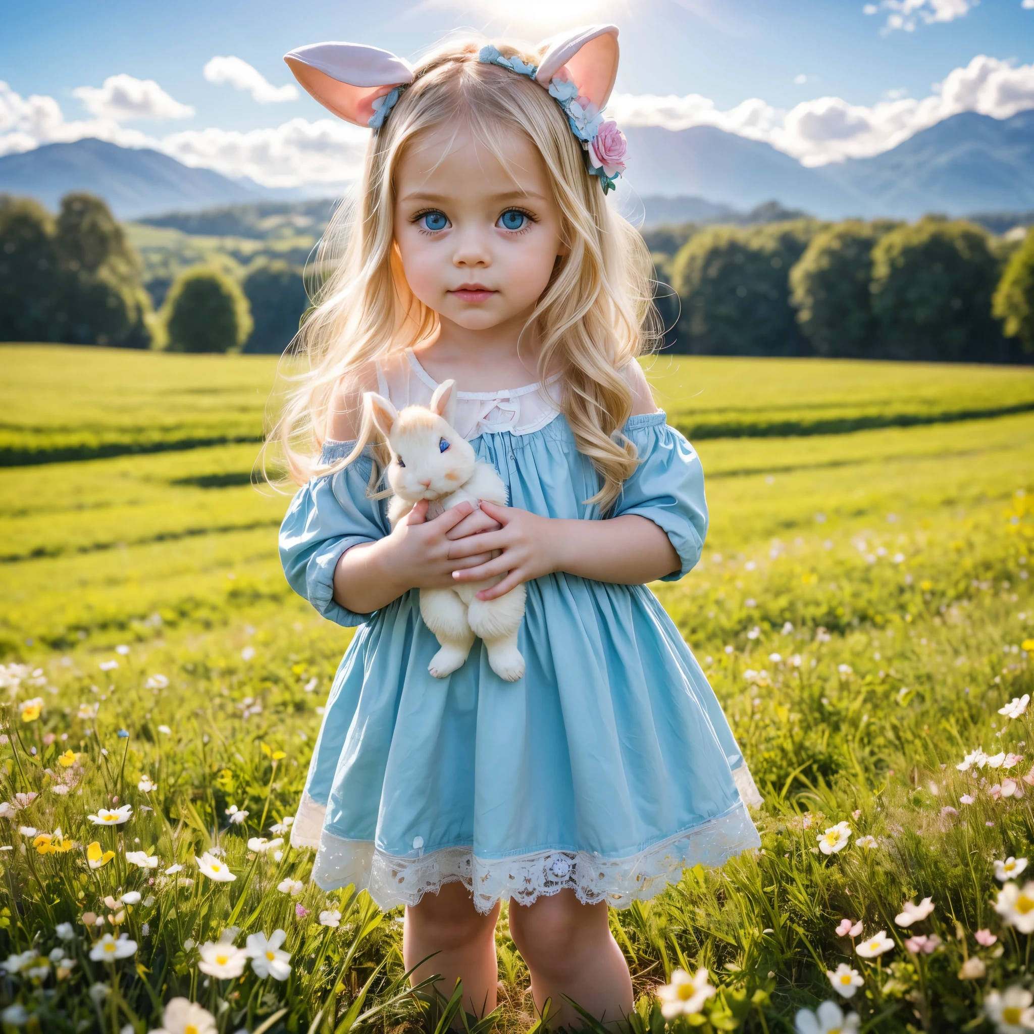  beautiful girl, about three th big blue eyes ,  long eyelashes ,  with plump lips and pink cheeks ,  Blond wavy hair.  She has a little fluffy rabbit in her hands !  There is a beautiful green field with flowers in the background ,  blue sky and rays of sunshine .