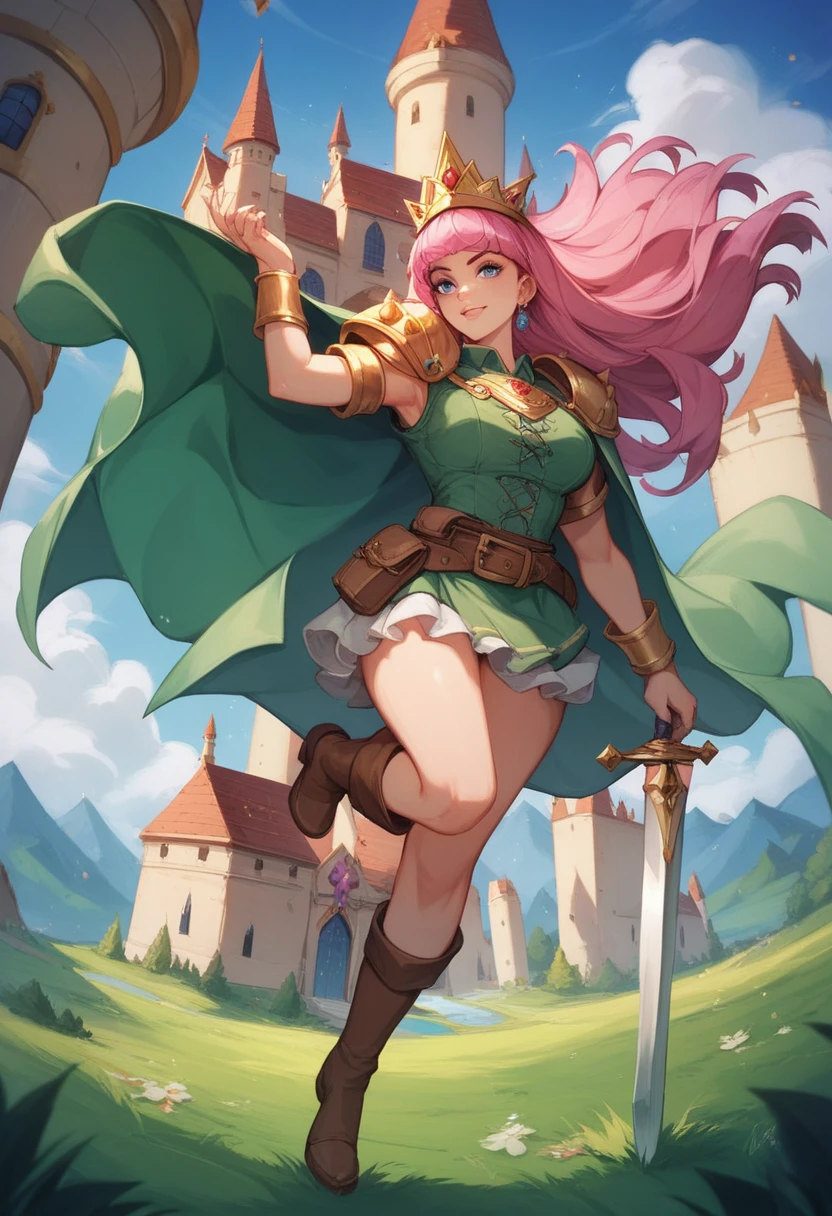 Anime - Masterpiece - Quality - 8k - Extremely detailed - Ultra HD - only a Princess - Elf woman - Long brown hair - Genshin Impact style - weapon Elven Bow in the right hand - Quiver with Arrows on the Back - Short dress - Aqua Green - Pink Stockings Thighs - Elven Shoes - Long Gloves - Design - Inspired - Shera L. Greenwood - How Not to Summon a Demon Lord and in Pecorine Princess Connect - Exceptional details - Ultra-detailed face - exceptional details-correct anatomy
